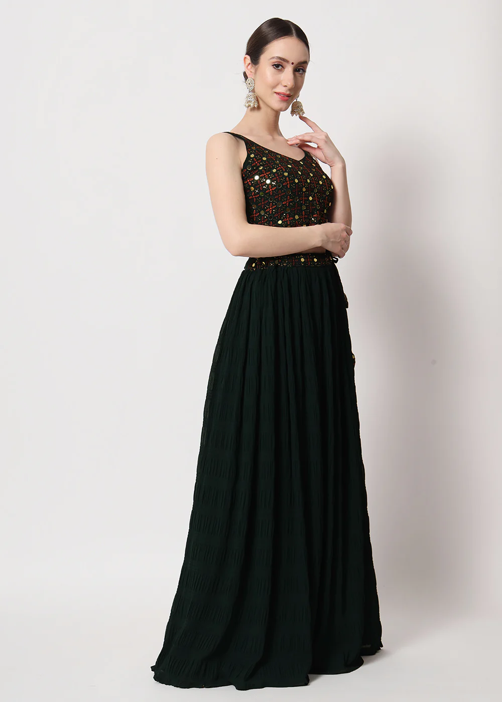 Party Wear Gorgeous Green Georgette Crushed Lehenga Choli - Image 5