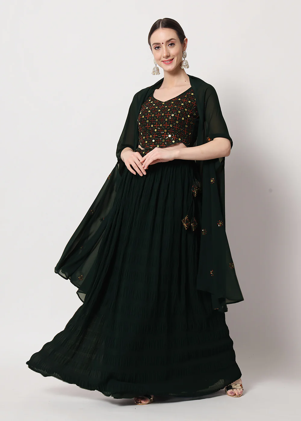 Party Wear Gorgeous Green Georgette Crushed Lehenga Choli - Image 7