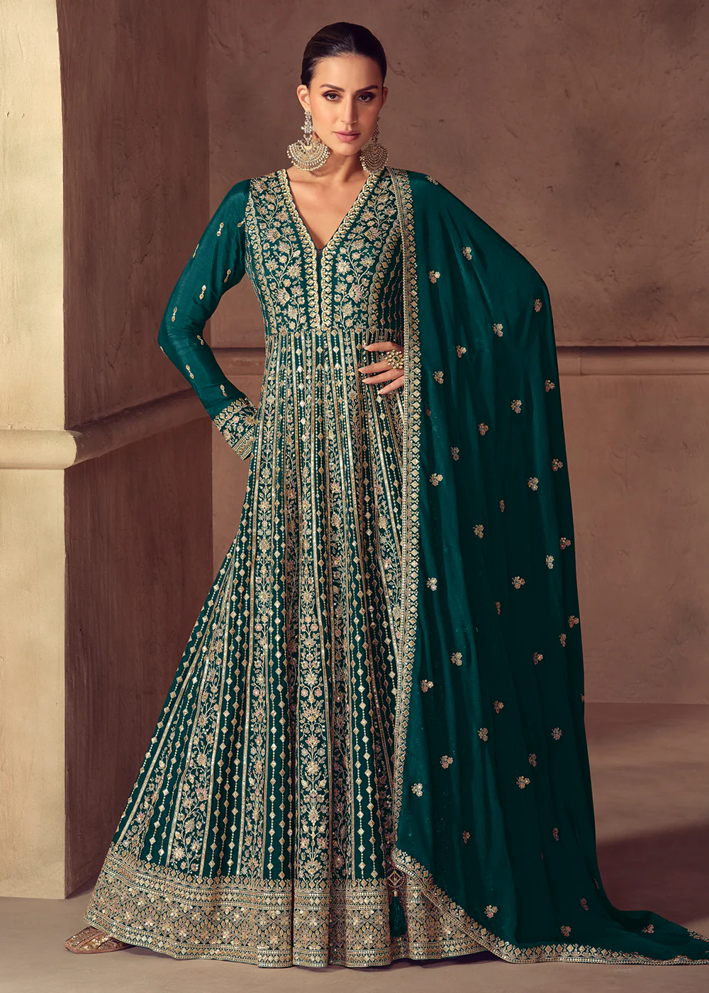 Party Wear Green Embroidered Anarkali Suit