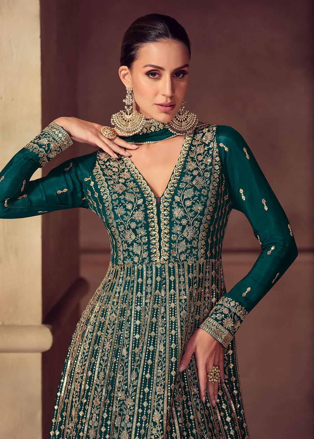 Party Wear Green Embroidered Anarkali Suit - Image 2