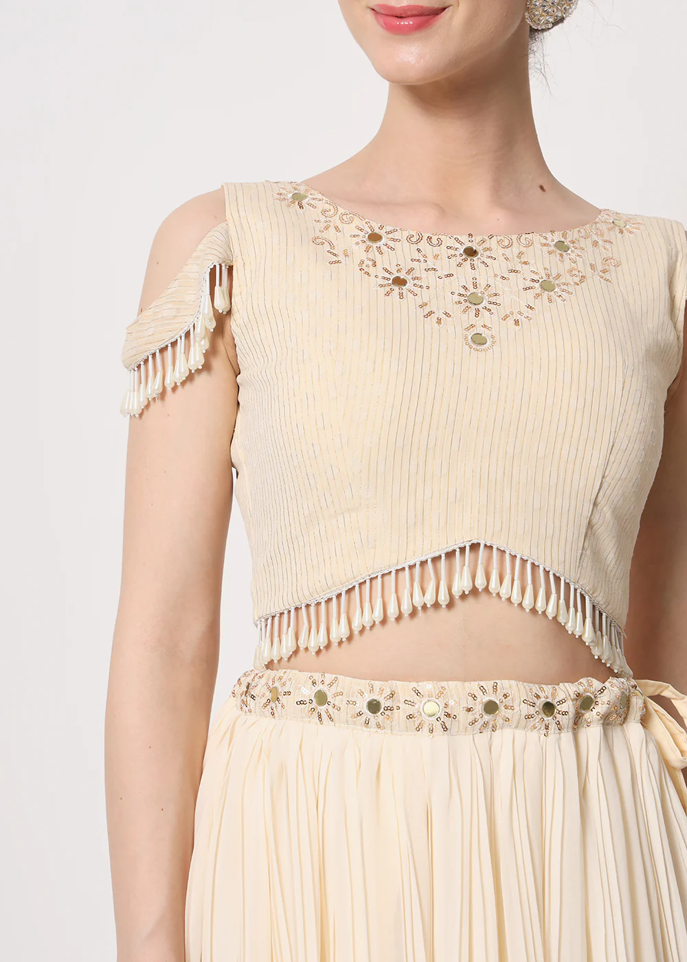 Party Wear Lovely Beige Georgette Crushed Lehenga Choli - Image 2