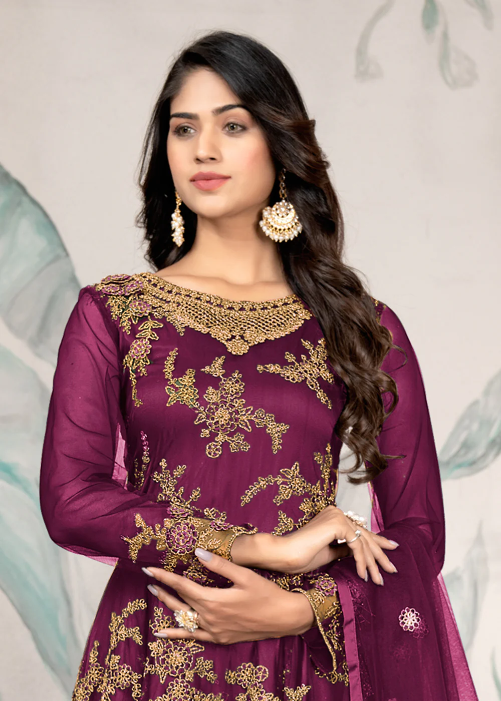 Party Wear Magenta Thread & Sequins Work Anarkali Suit - Image 2