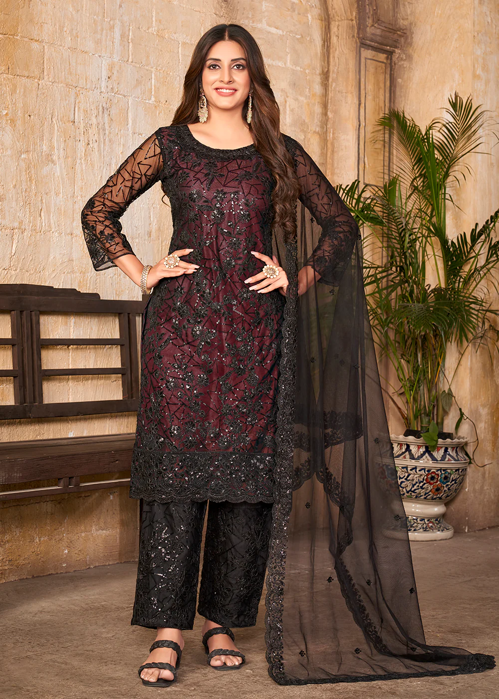 Party Wear Maroon Embroidered Net Pant Style Suit - Image 3