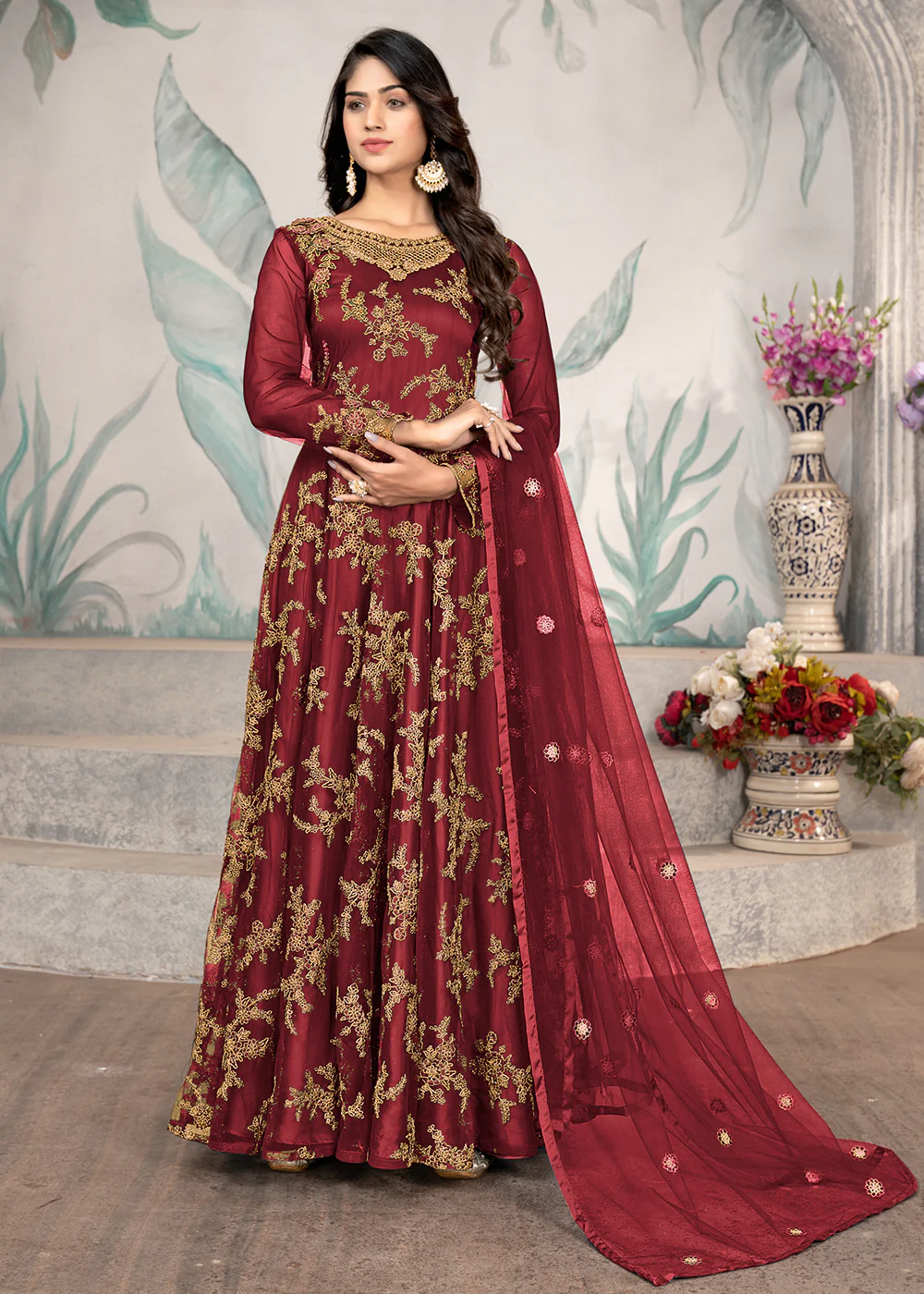 Party Wear Maroon Thread & Sequins Work Anarkali Suit