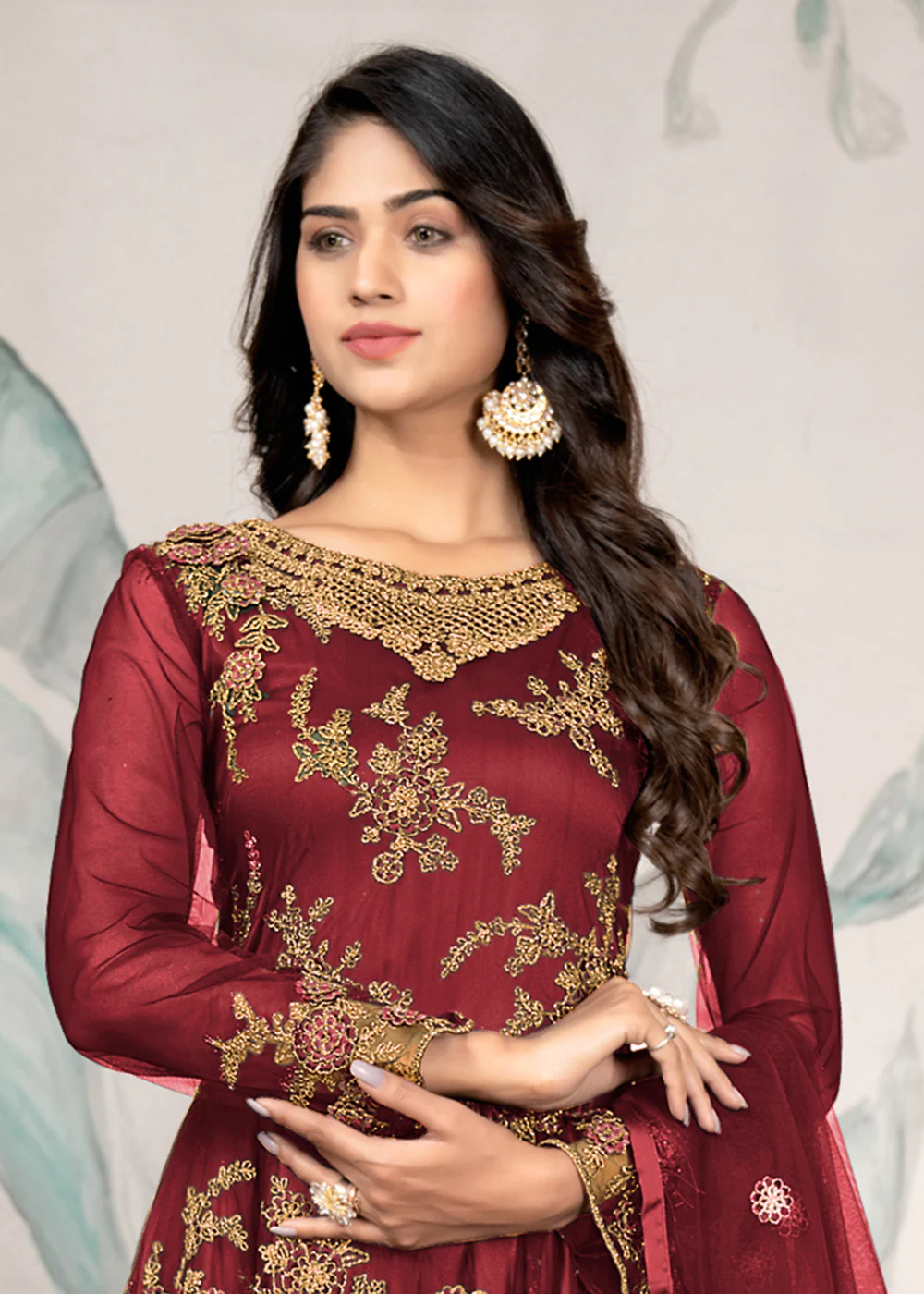 Party Wear Maroon Thread & Sequins Work Anarkali Suit - Image 2