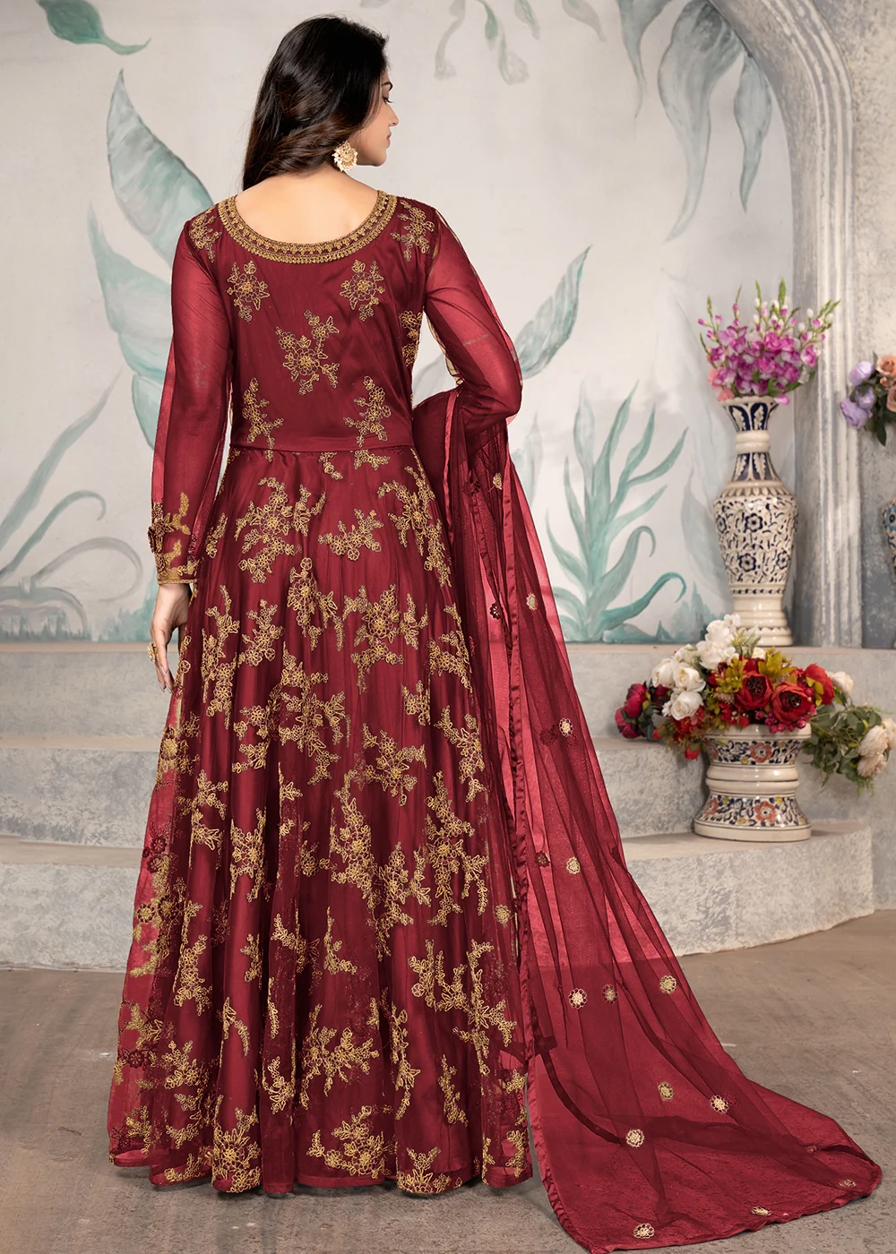 Party Wear Maroon Thread & Sequins Work Anarkali Suit - Image 3