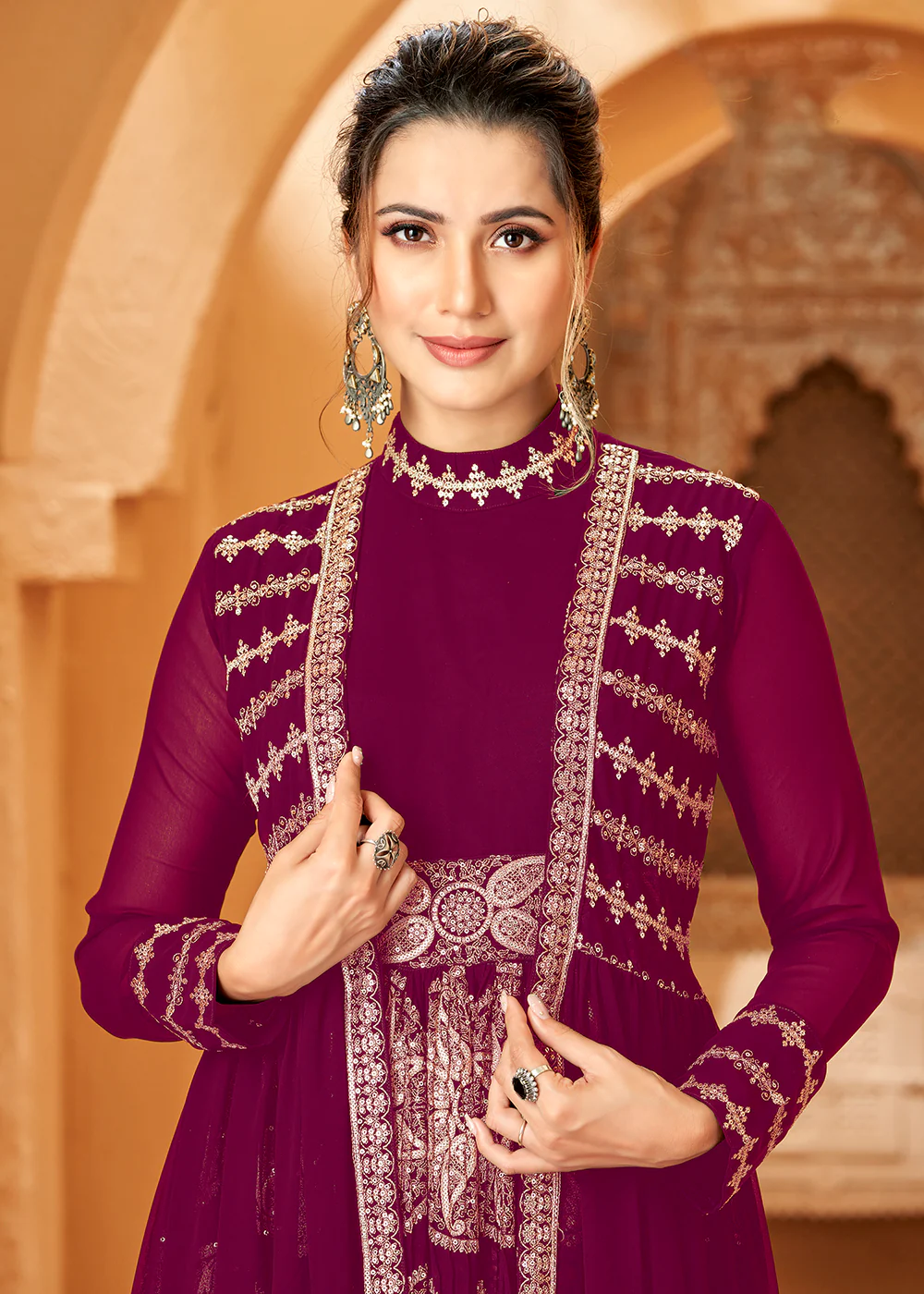 Party Wear Mesmeric Magenta Plum Jacket Style Anarkali Dress - Image 2