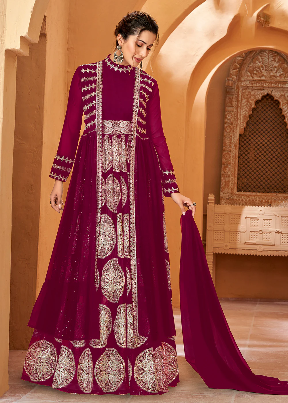 Party Wear Mesmeric Magenta Plum Jacket Style Anarkali Dress - Image 3
