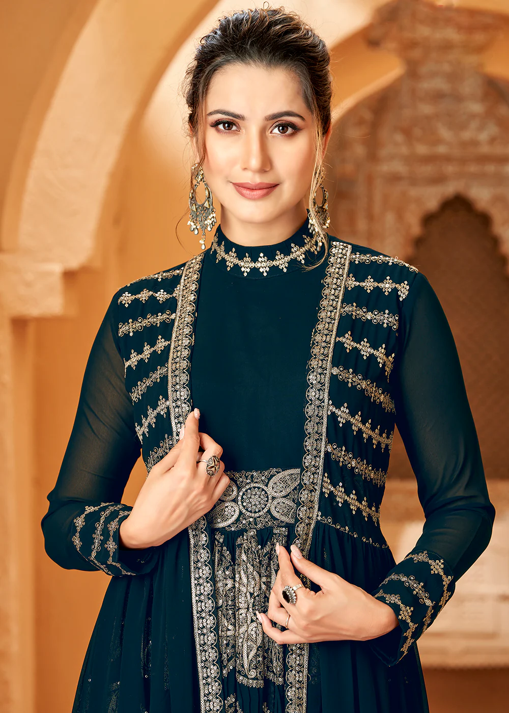 Party Wear Admirable Prussian Blue Jacket Style Anarkali Dress - Image 2