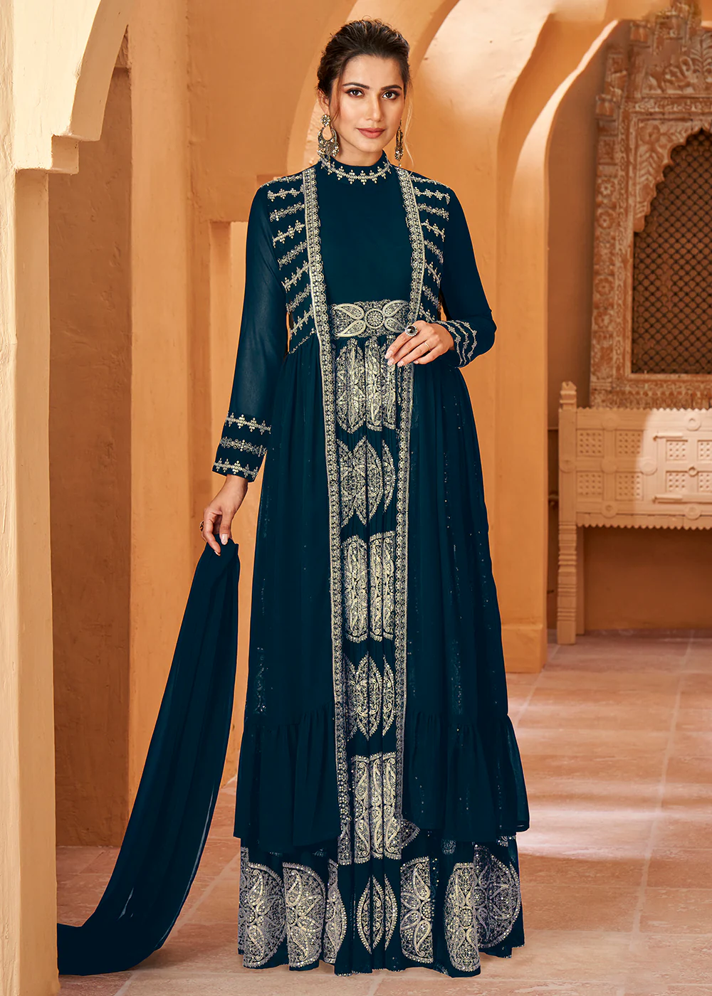 Party Wear Admirable Prussian Blue Jacket Style Anarkali Dress - Image 3