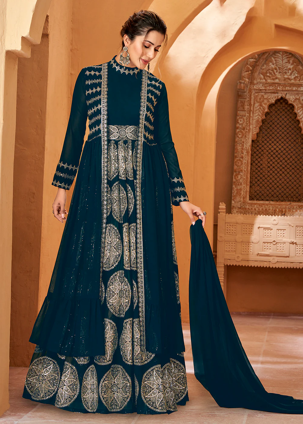 Party Wear Admirable Prussian Blue Jacket Style Anarkali Dress - Image 4