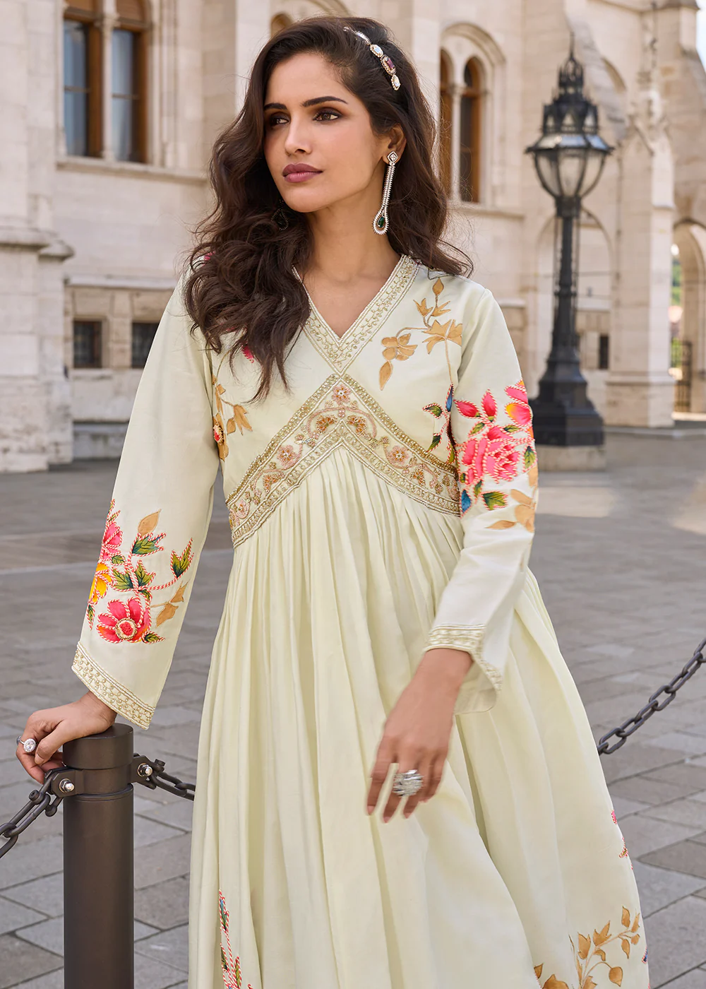 Party Wear Off White Indo Western Designer Gown - Image 2
