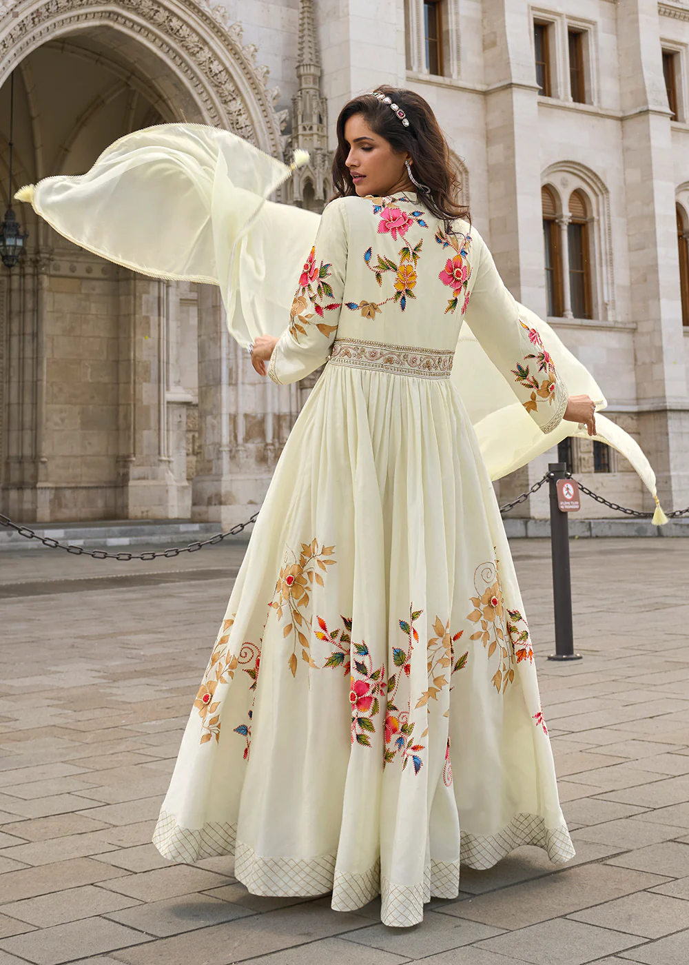 Party Wear Off White Indo Western Designer Gown - Image 3
