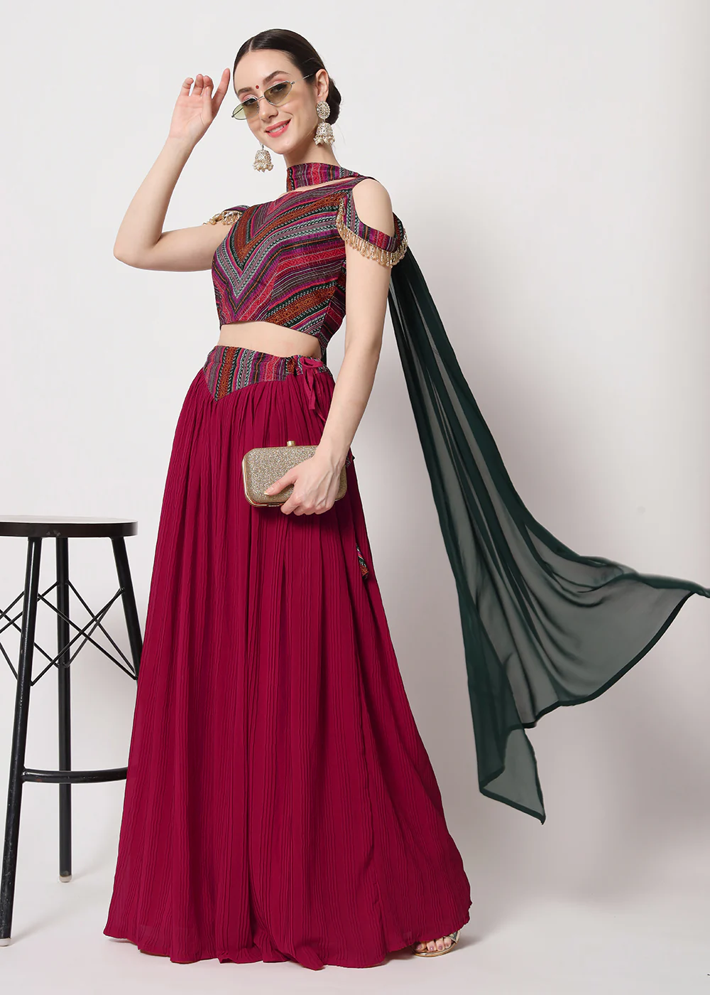 Party Wear Pretty Deep Pink Georgette Crushed Lehenga Choli
