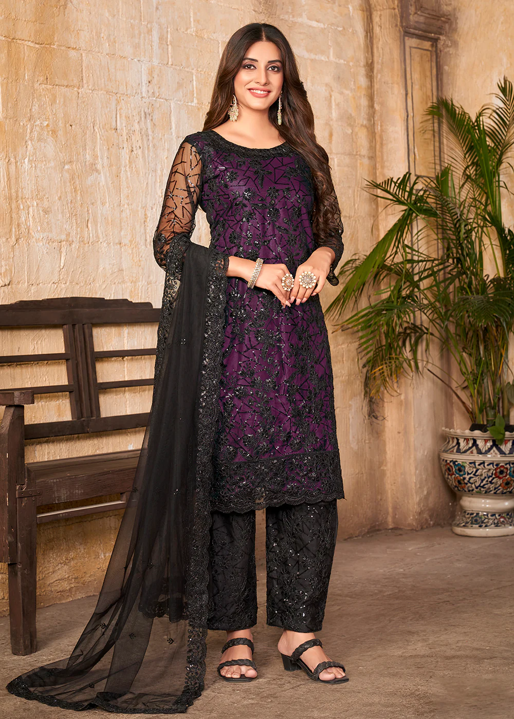 Party Wear Purple Embroidered Net Pant Style Suit