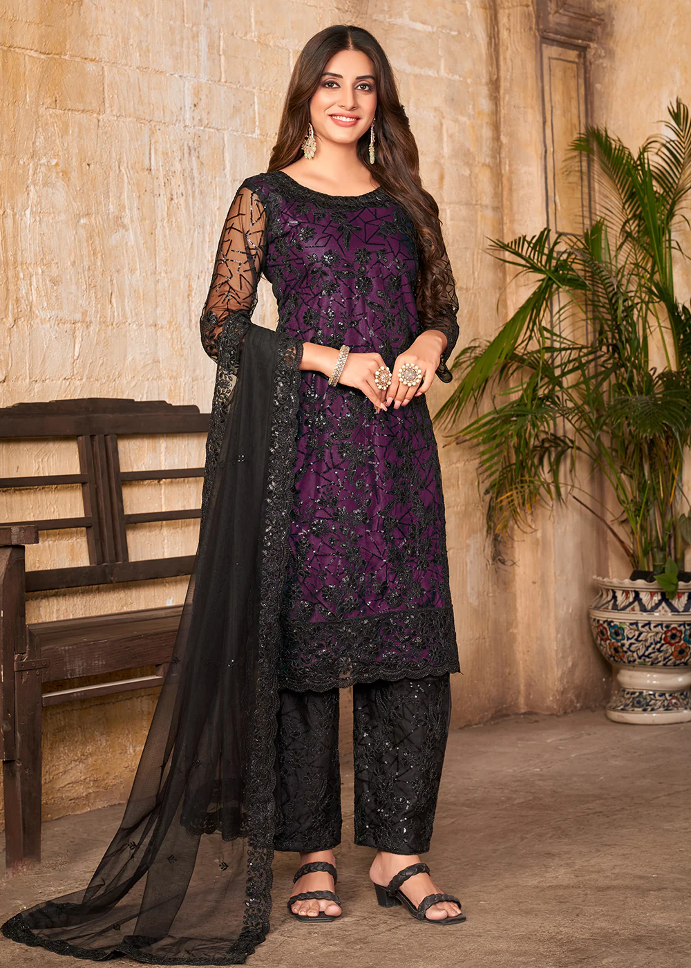 Party Wear Purple Embroidered Net Pant Style Suit - Image 3