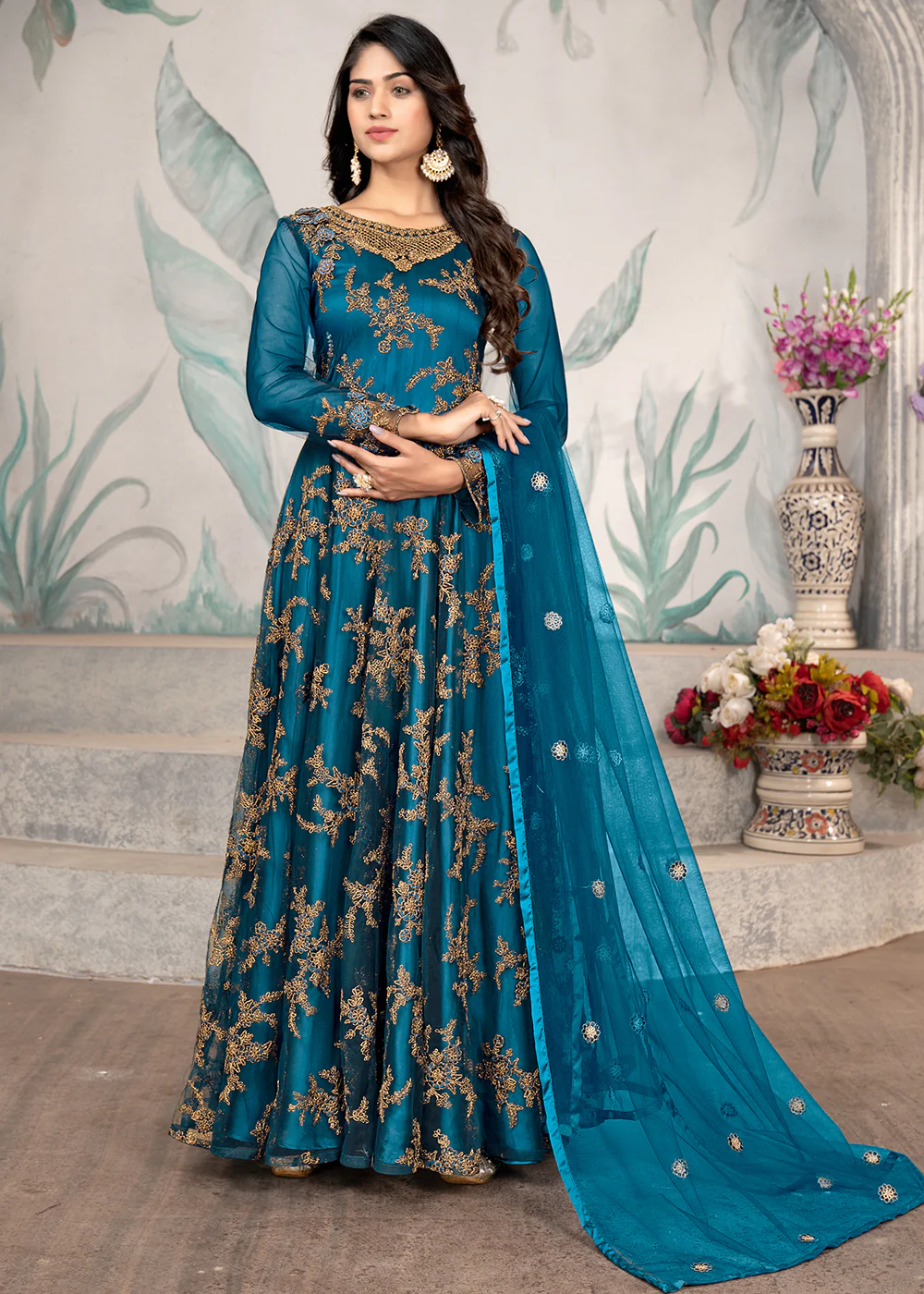 Party Wear Rama Blue Thread & Sequins Work Anarkali Suit