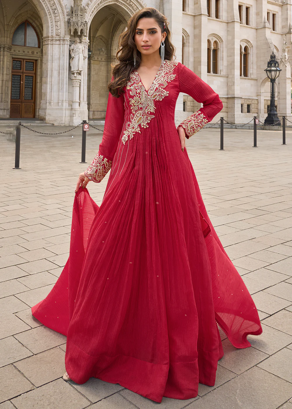 Party Wear Red Indo Western Designer Gown