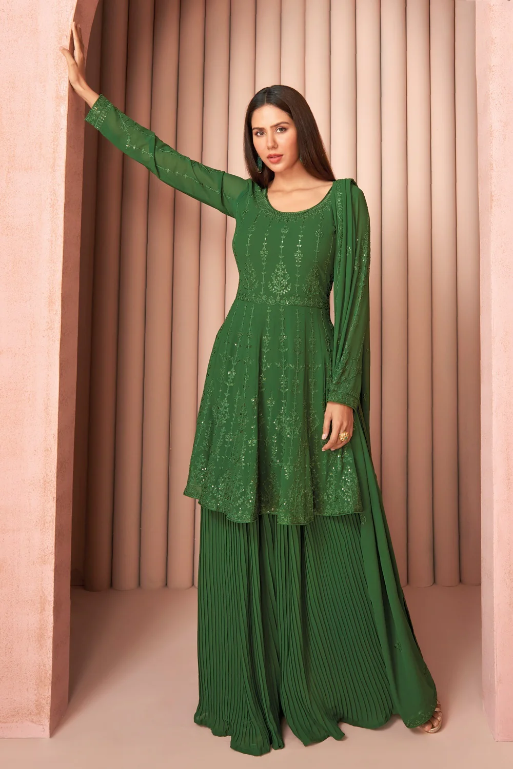 Party Wear Splendid Green Palazzo Style Salwar Suit - Image 3
