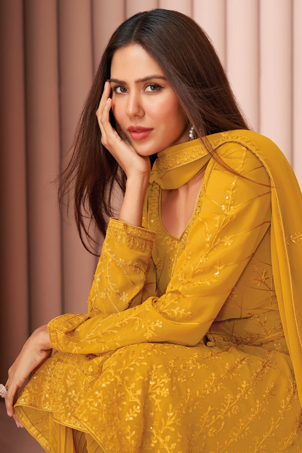 Party Wear Sunny Yellow Palazzo Style Salwar Suit - Image 2