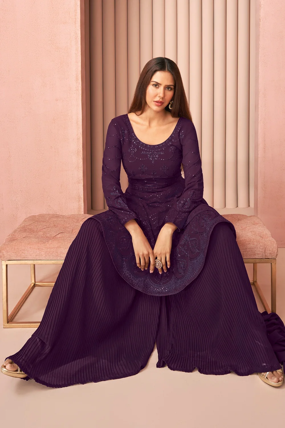 Party Wear Trendy Violet Palazzo Style Salwar Suit - Image 3