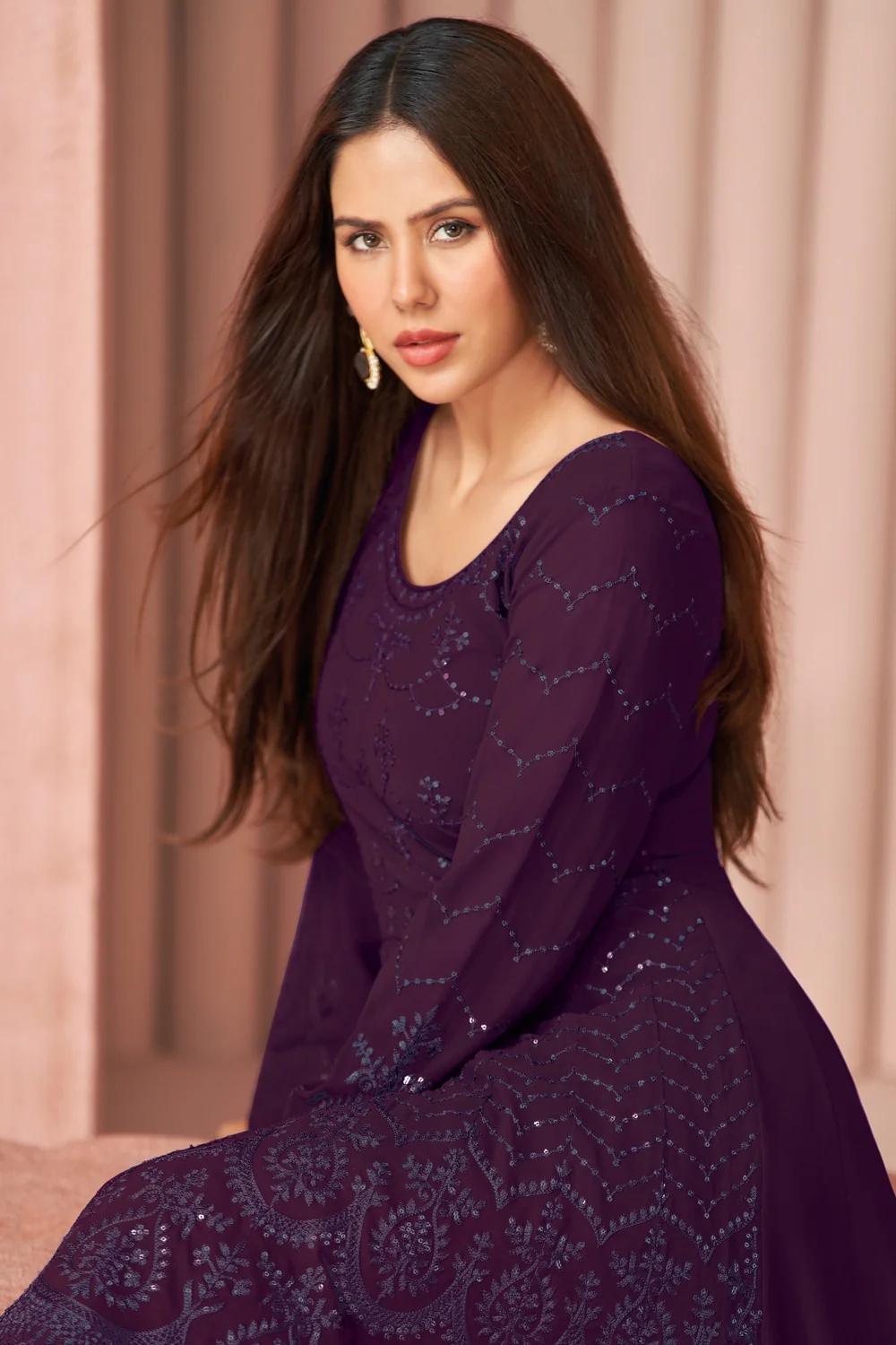 Party Wear Trendy Violet Palazzo Style Salwar Suit - Image 4