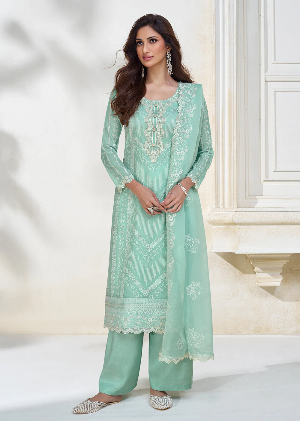 Pastel Aqua Blue Organza Silk Designer Salwar Suit - Image 3