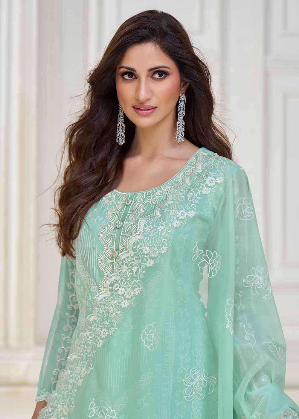 Pastel Aqua Blue Organza Silk Designer Salwar Suit - Image 4