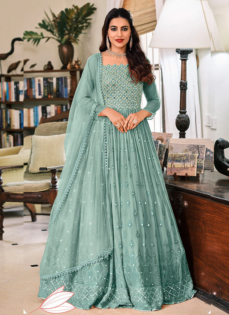 Pastel Blue Designer Mirror Embellished Georgette Anarkali Suit