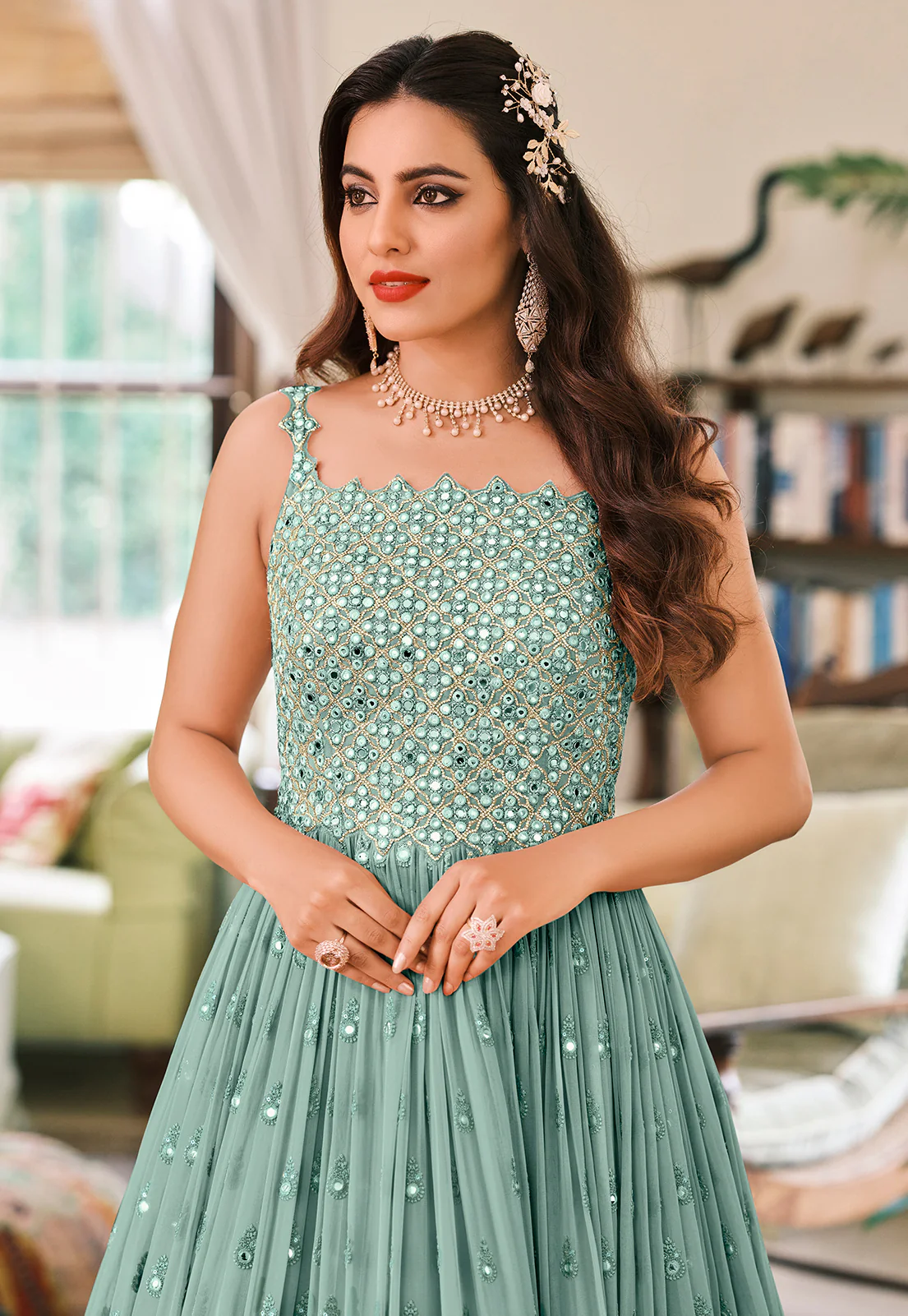 Pastel Blue Designer Mirror Embellished Georgette Anarkali Suit - Image 2