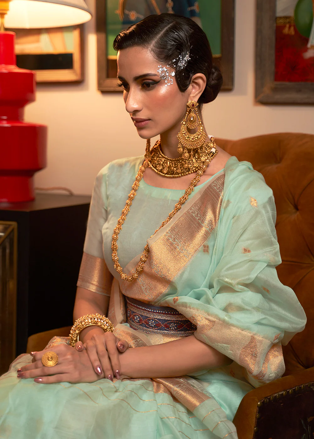 Pastel Green Blended Woven Zari Organza Silk Saree - Image 2