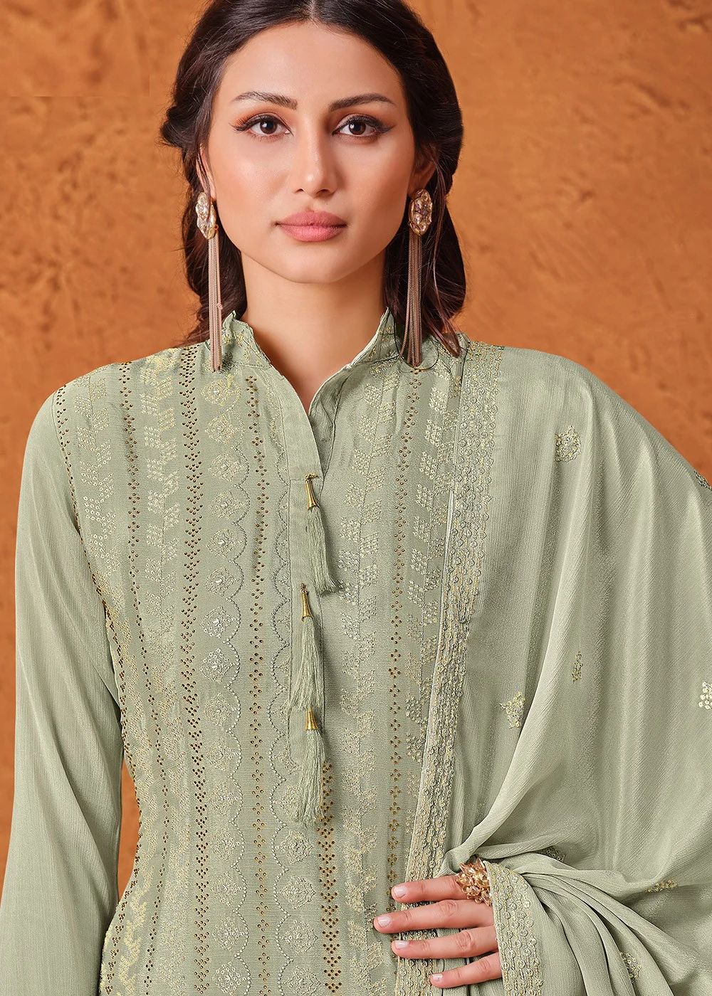Pastel Green Chiffon Embroidered Sharara Suit - Image 2