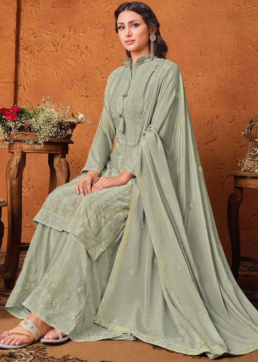 Pastel Green Chiffon Embroidered Sharara Suit - Image 3