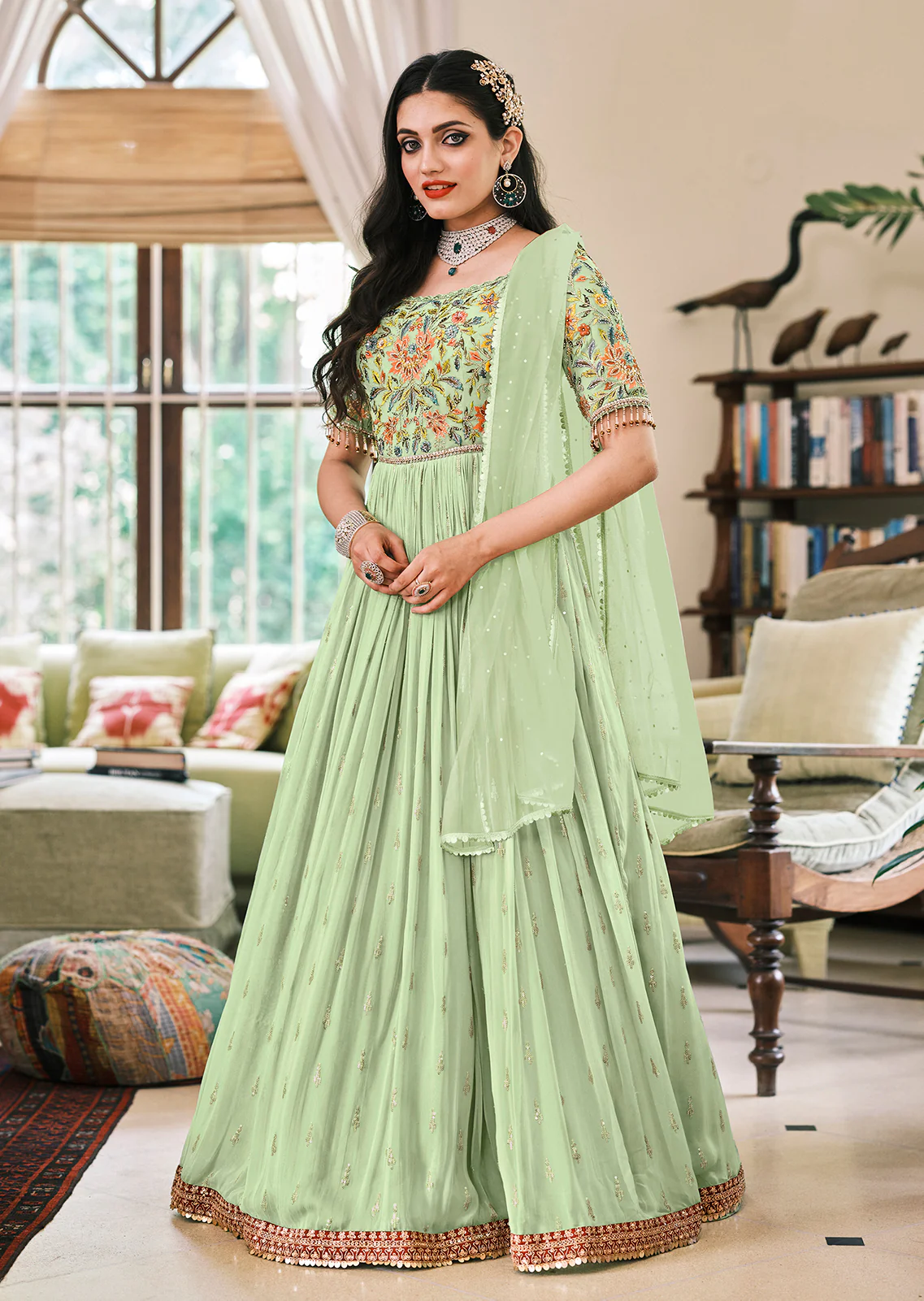 Pastel Green Designer Motifs Embellished Georgette Anarkali Suit