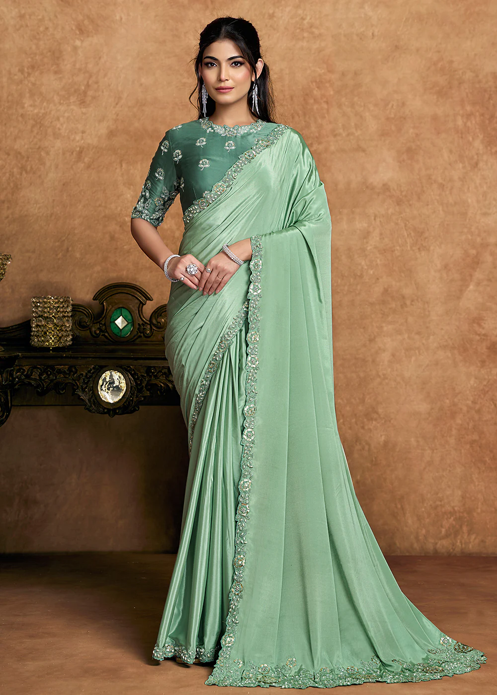 Pastel Green Embroidered Wedding Festive Wear Saree