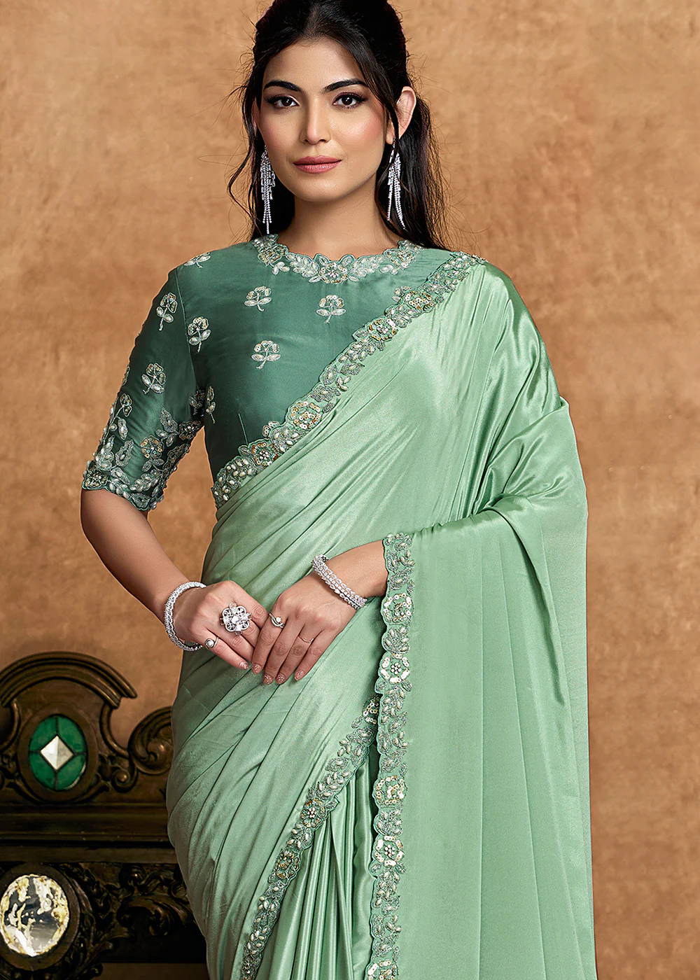 Pastel Green Embroidered Wedding Festive Wear Saree - Image 2