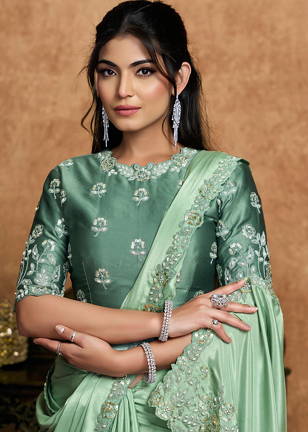 Pastel Green Embroidered Wedding Festive Wear Saree - Image 3