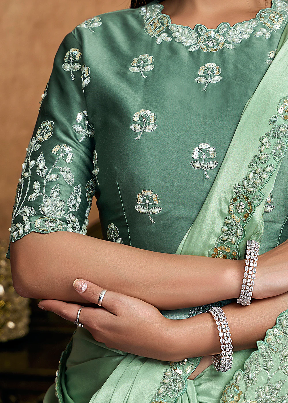Pastel Green Embroidered Wedding Festive Wear Saree - Image 5
