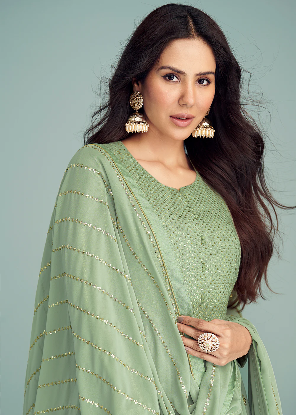 Pastel Green Georgette Embellished Wedding Anarkali Suit - Image 4