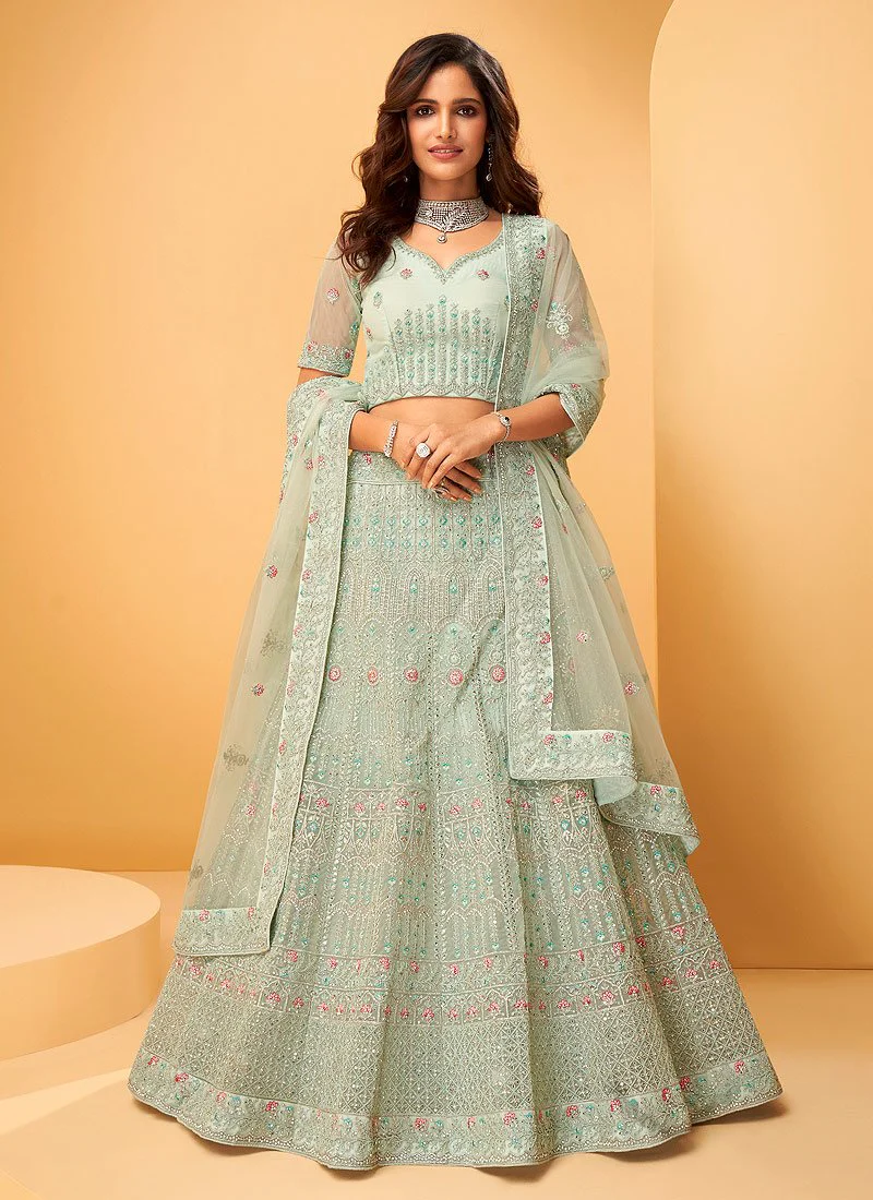 Pastel Green Hand Work Embroidered Bridal Lehenga Choli