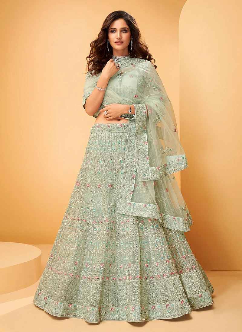 Pastel Green Hand Work Embroidered Bridal Lehenga Choli - Image 4