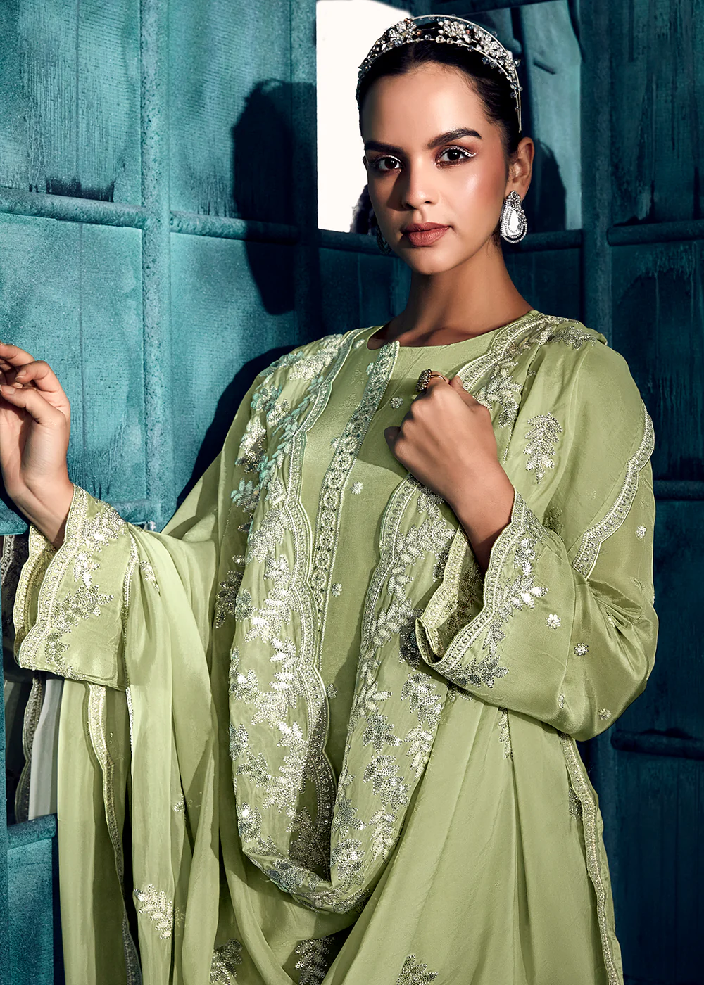 Pastel Green Modale Silk Embroidered Festive Salwar Suit - Image 2