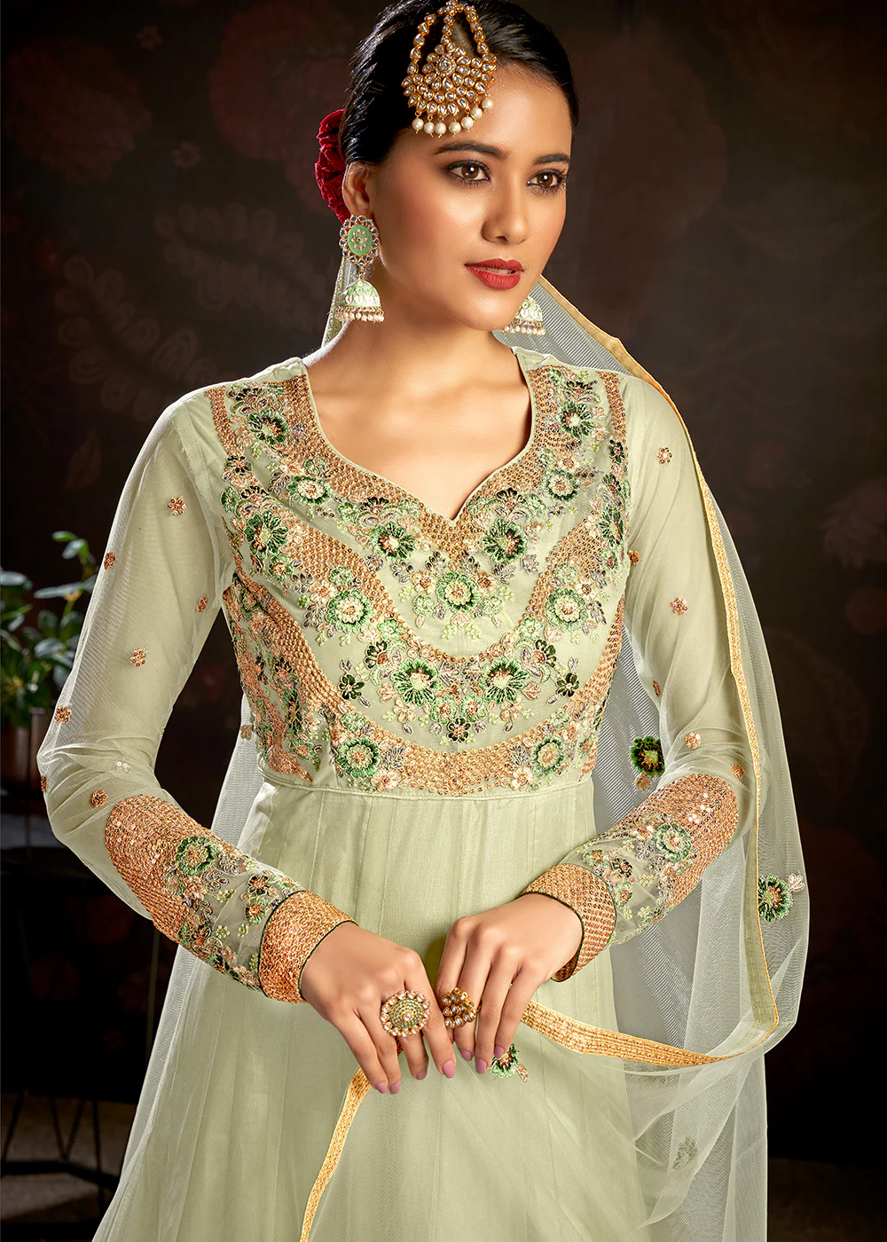 Pastel Green Sparkly Net Embroidered Designer Anarkali Suit - Image 2