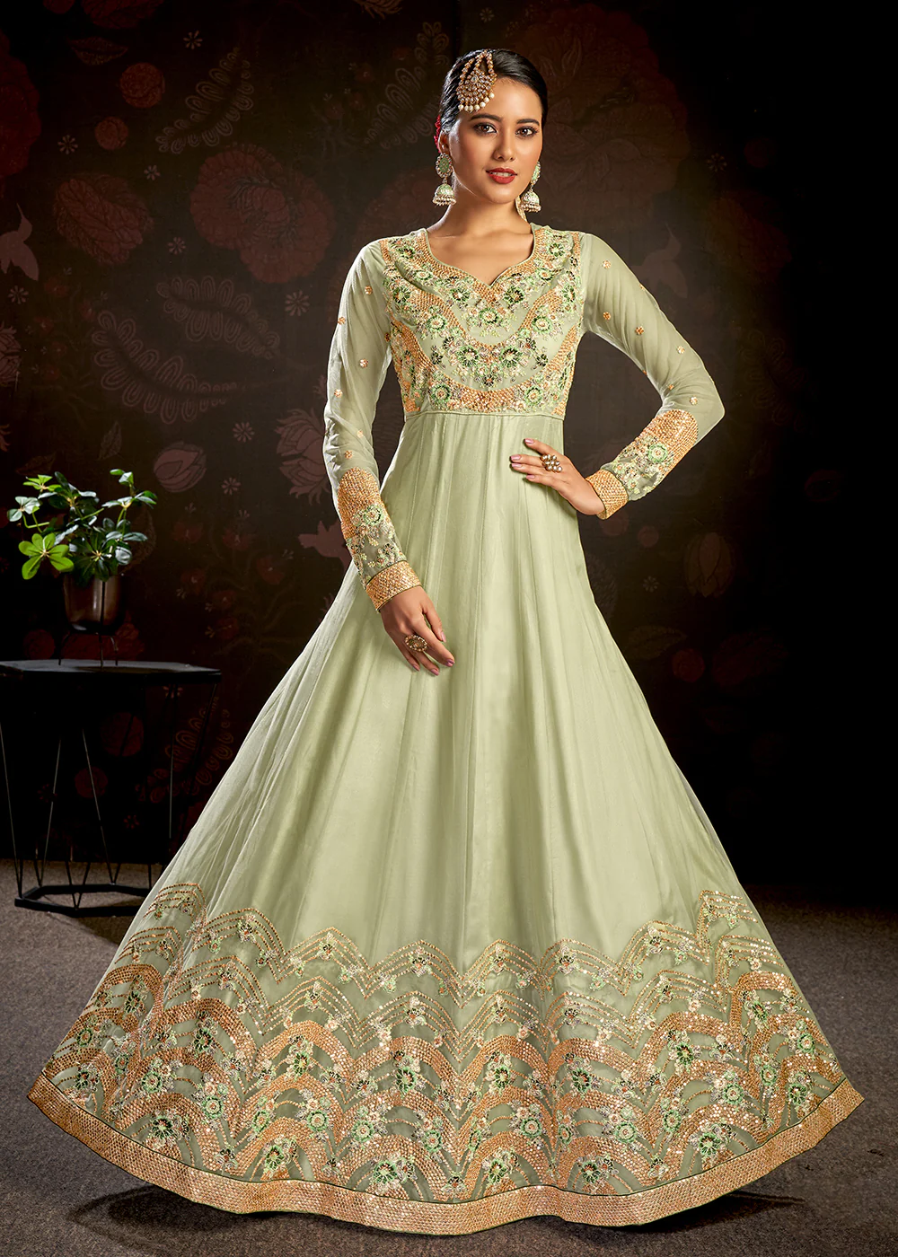 Pastel Green Sparkly Net Embroidered Designer Anarkali Suit - Image 3