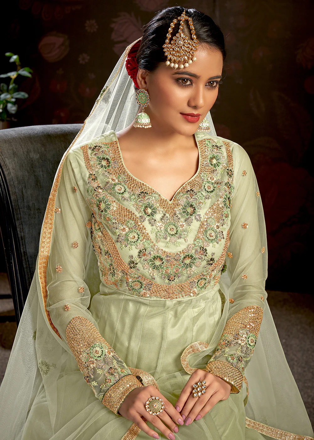 Pastel Green Sparkly Net Embroidered Designer Anarkali Suit - Image 4