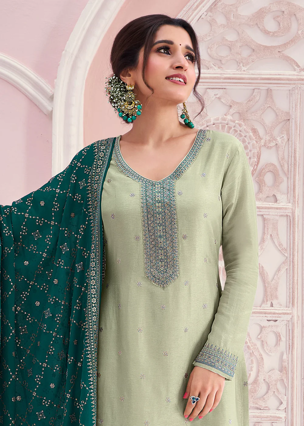 Pastel Green Thread Embroidered Silk Salwar Suit - Image 2
