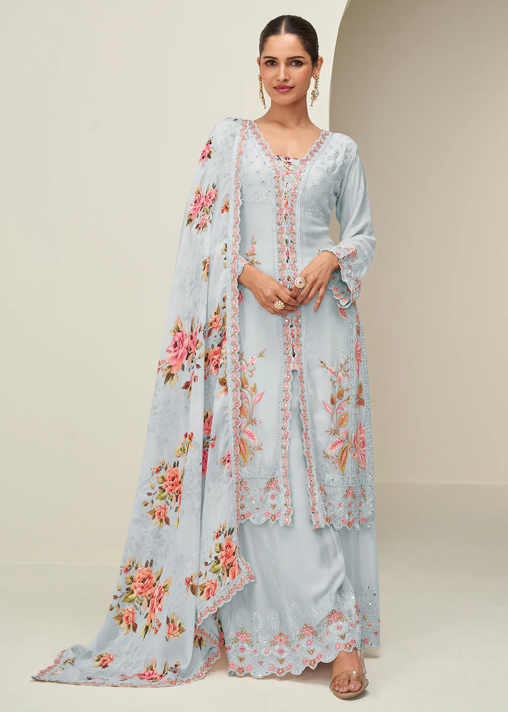 Pastel Grey Palazzo Style Wedding Festive Dress