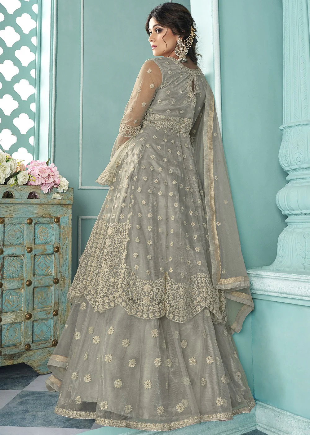 Pastel Grey Shamita Shetty Bell Sleeved Lehenga Style Sharara Suit - Image 3