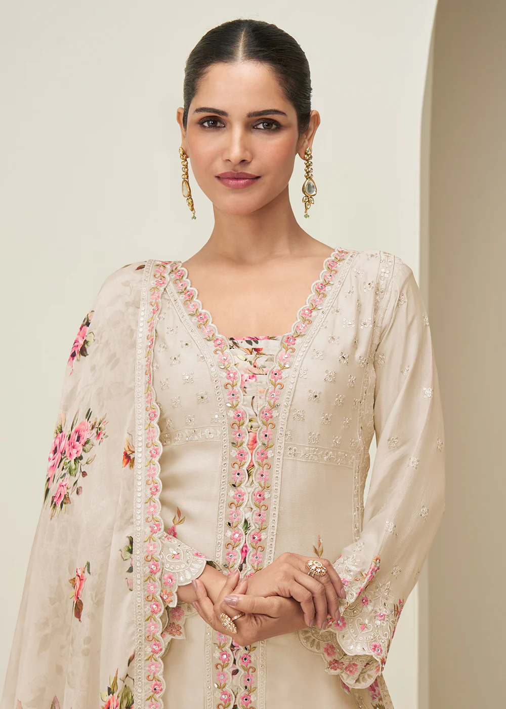 Pastel Ivory Palazzo Style Wedding Festive Dress - Image 2