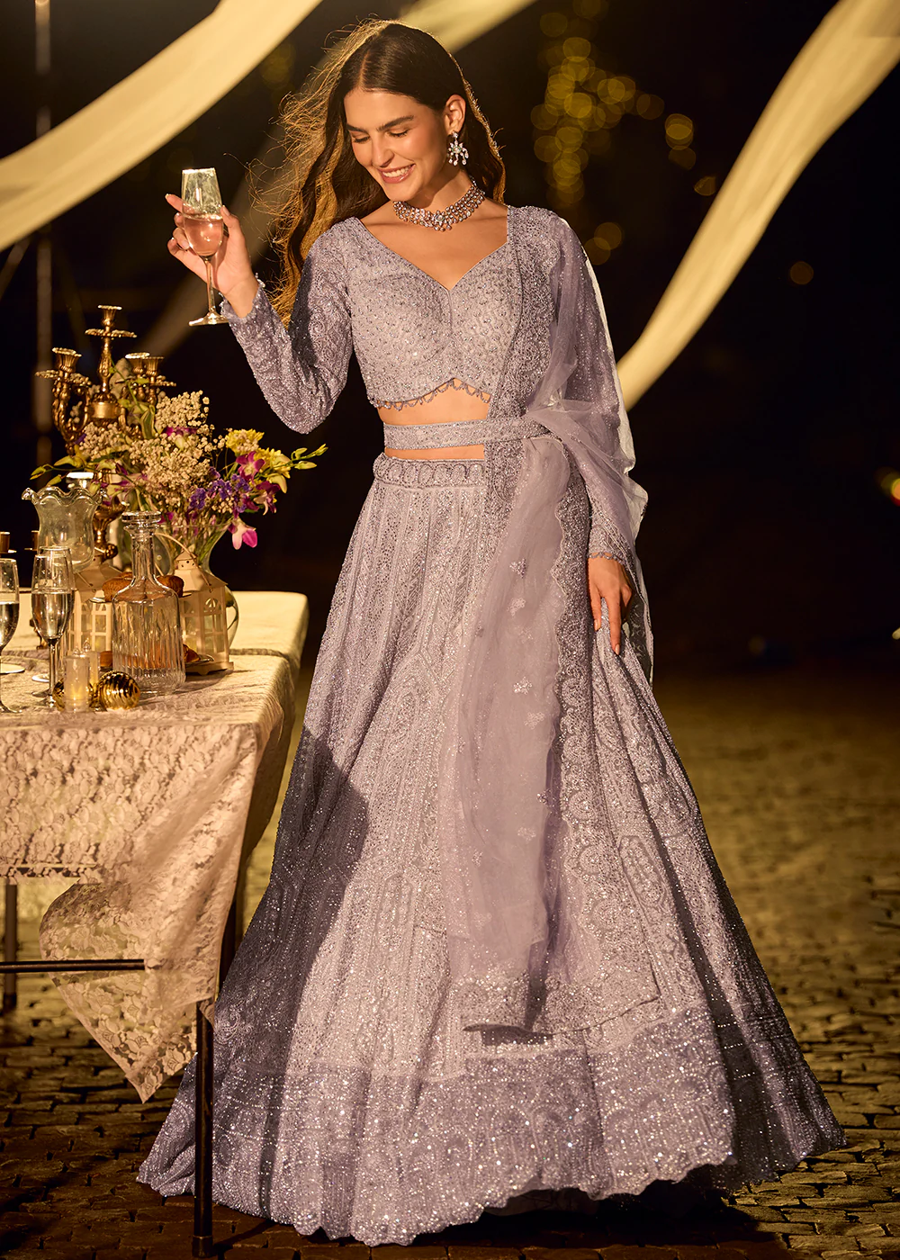 Pastel Lilac Net Reception Wear Lehenga Choli